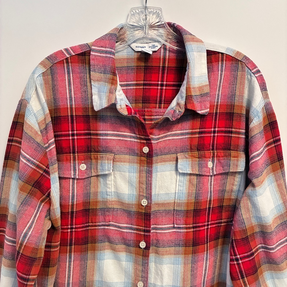 Old Navy Women's The Boyfriend Shirt Flannel Button-Down Red/ White Plaid XL - Picture 2 of 7